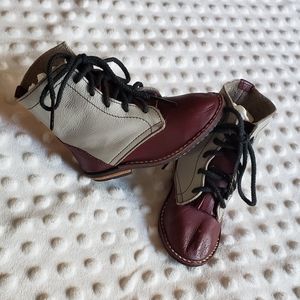 Handmade Vintage Two Tone Infant Boots. Size 3. Burgundy and Gray lace up
